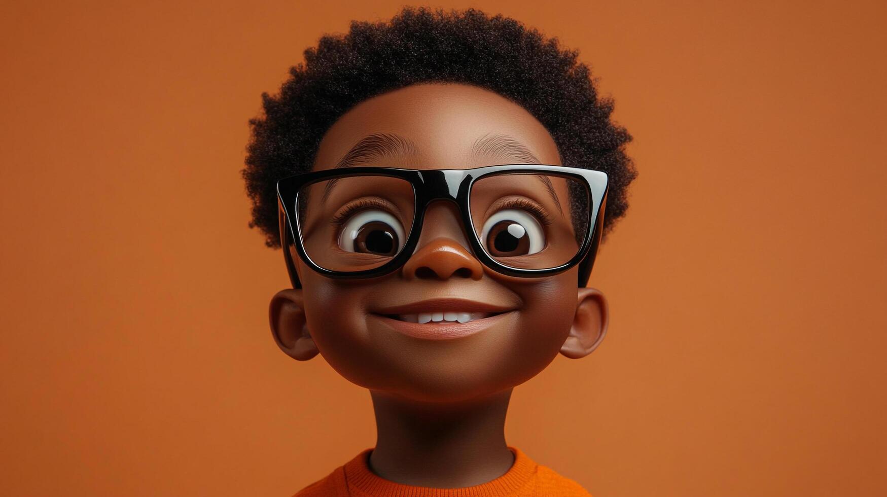Animated boy with glasses joyfully beams, radiating positivity and a playful spirit, set against an orange background. photo