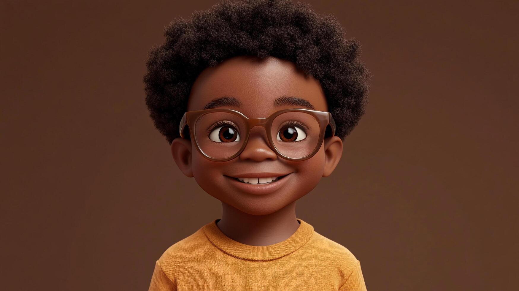 Animated portrait of a young boy with an afro, wearing glasses, against a solid brown backdrop. His pleasant smile is captivating. photo
