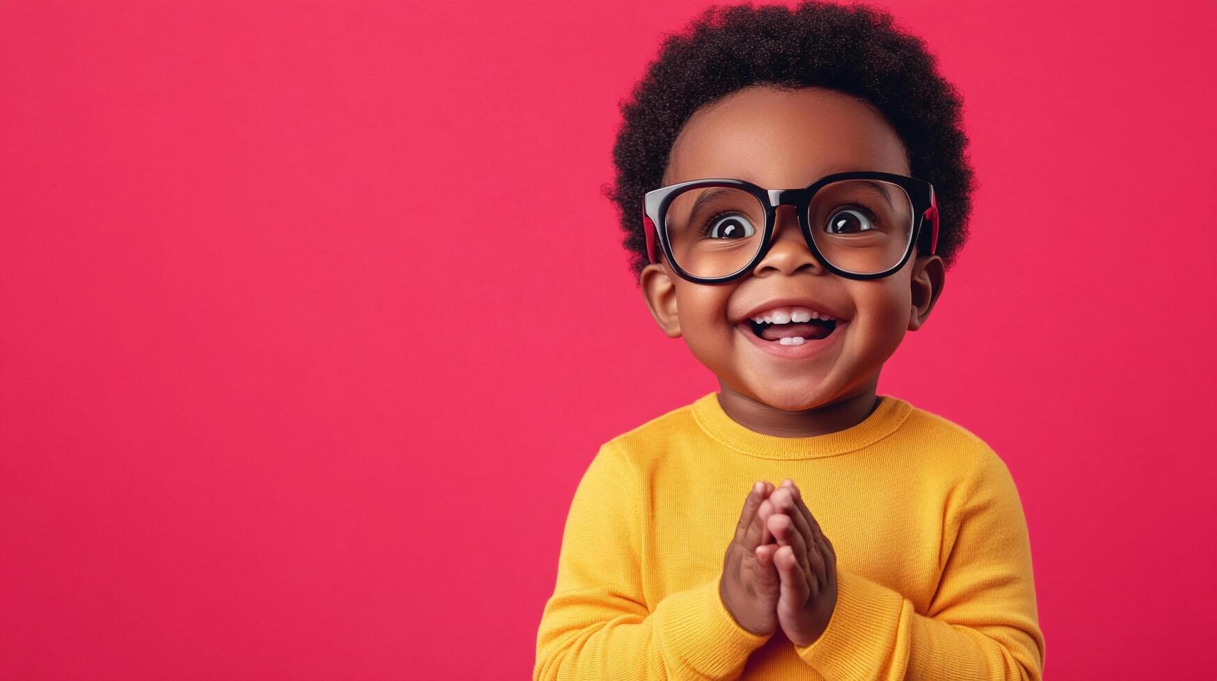 Joyful toddler radiates happiness with a bright smile, big glasses, and an enthusiastic clapping gesture against a vibrant pink backdrop. photo