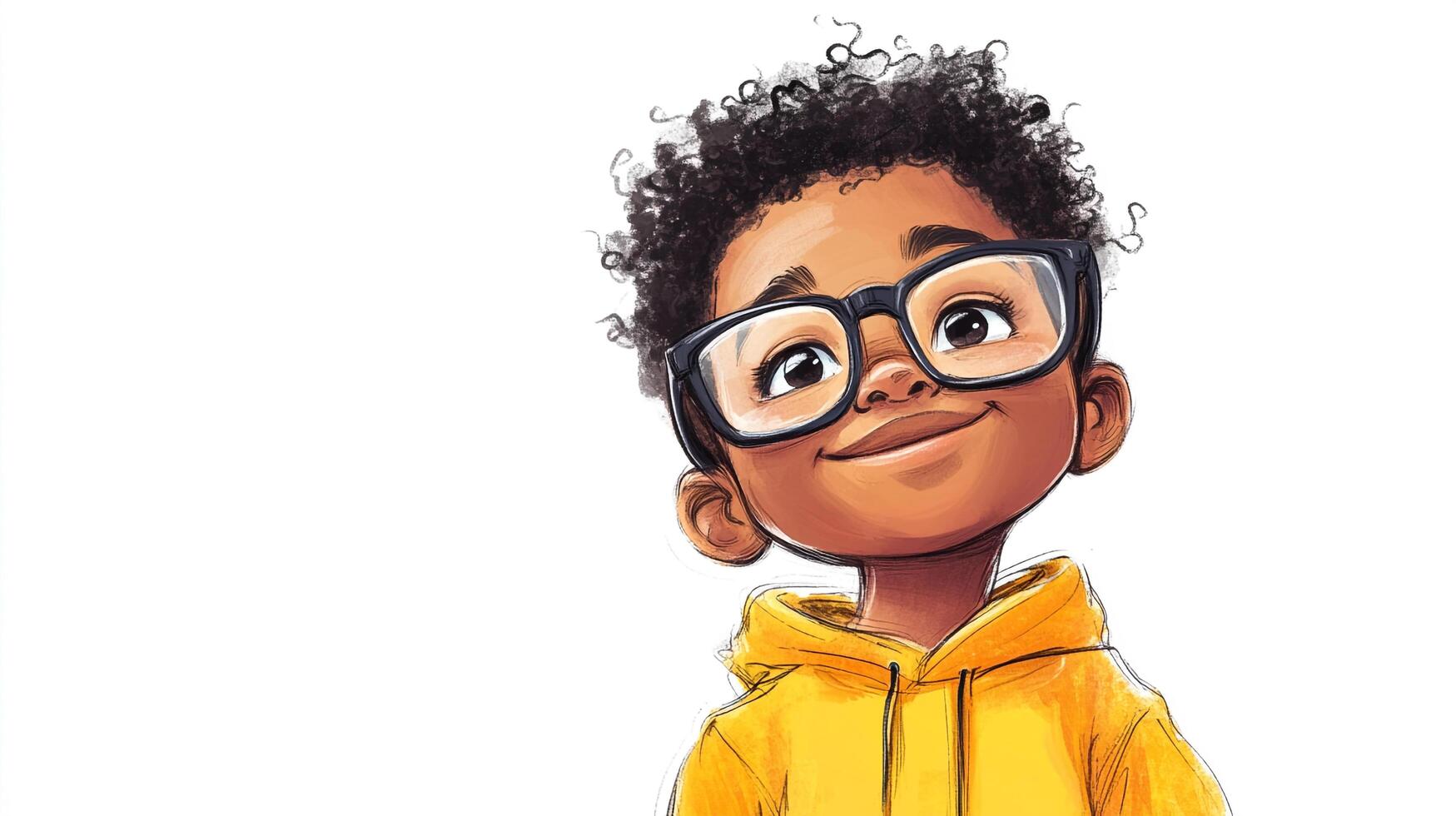 Cartoon illustration of a young child with curly hair and glasses, wearing a yellow hoodie, looking up with a smile. photo