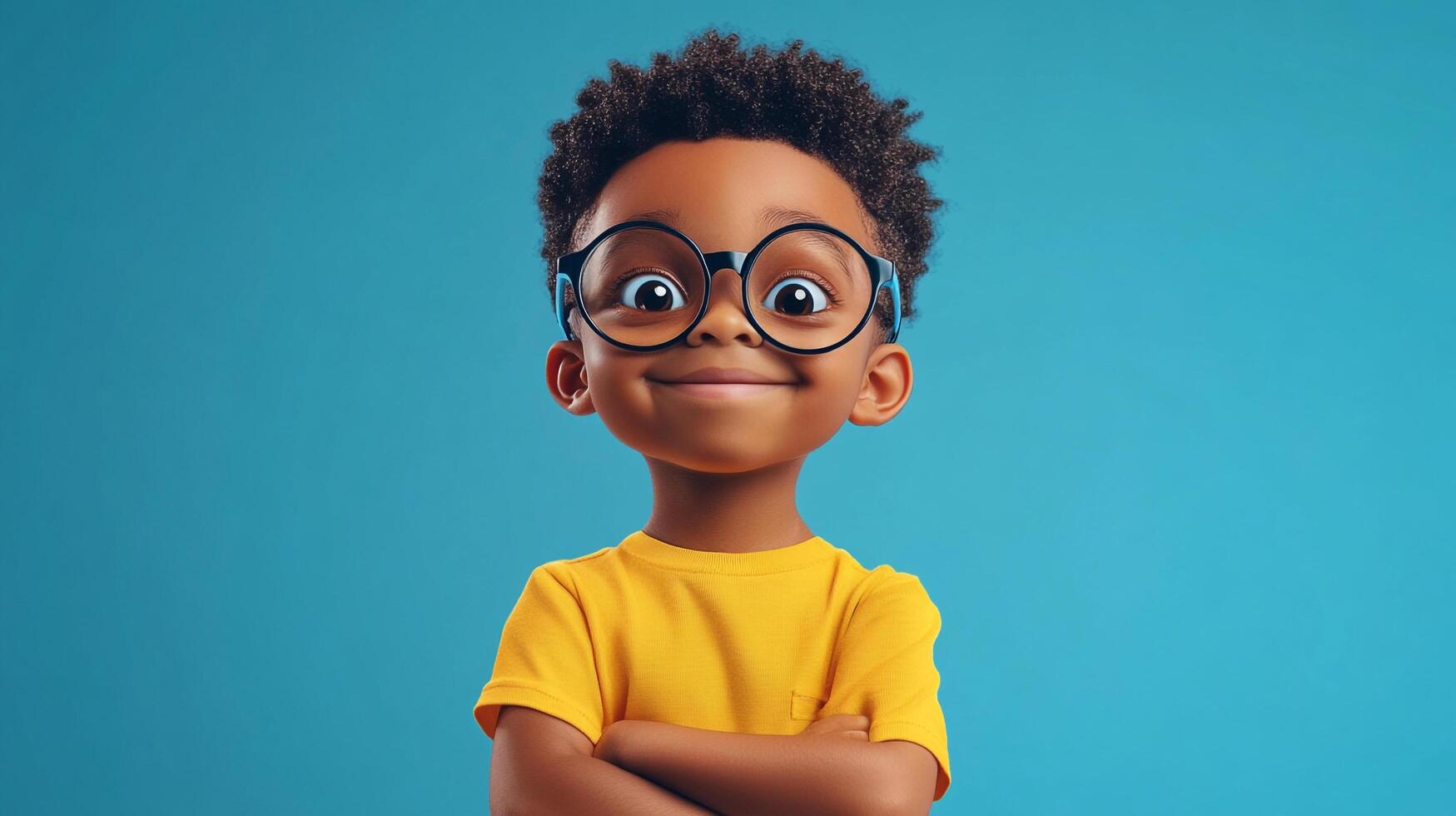A cartoon-styled young boy smiles confidently with crossed arms wearing round glasses on a blue backdrop. He's friendly and approachable. photo