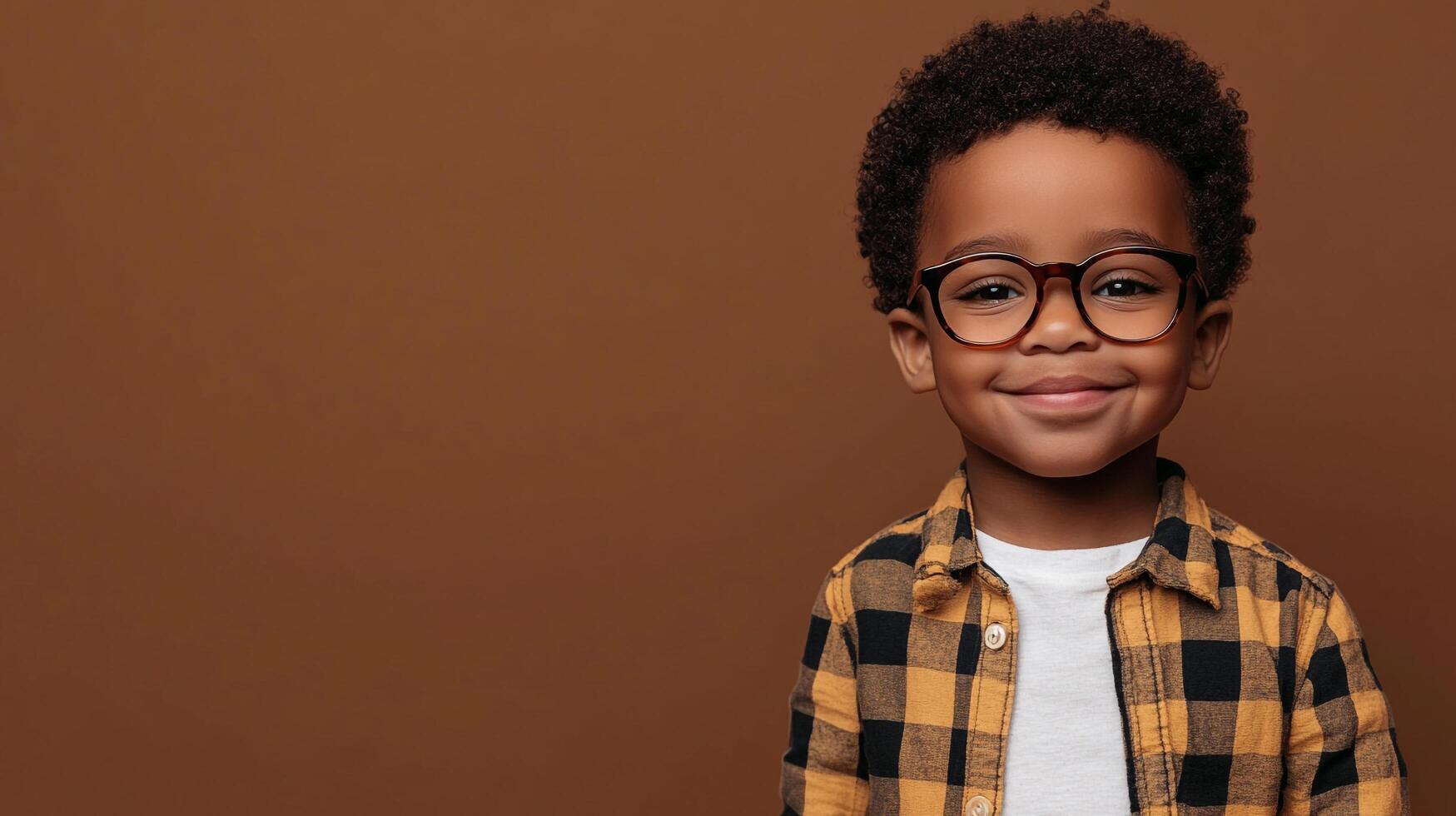Young boy with glasses smiles warmly at the camera. He's dressed in a casual yellow and black plaid shirt against a brown background. photo