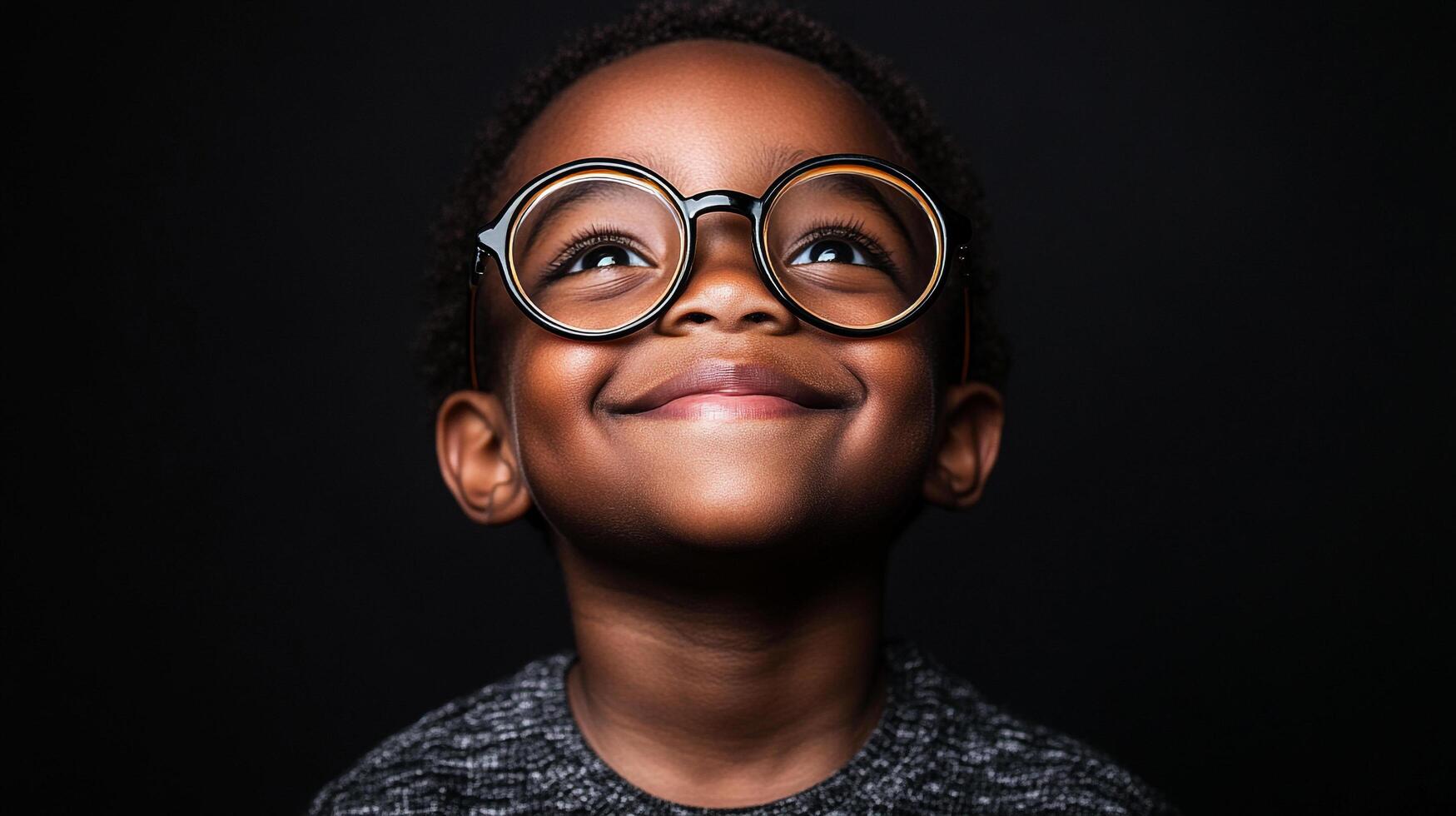 Boy with glasses looking upward with a wide smile expressing joy, hope and optimism. Adorable kid. Studio lighting, against dark background. photo