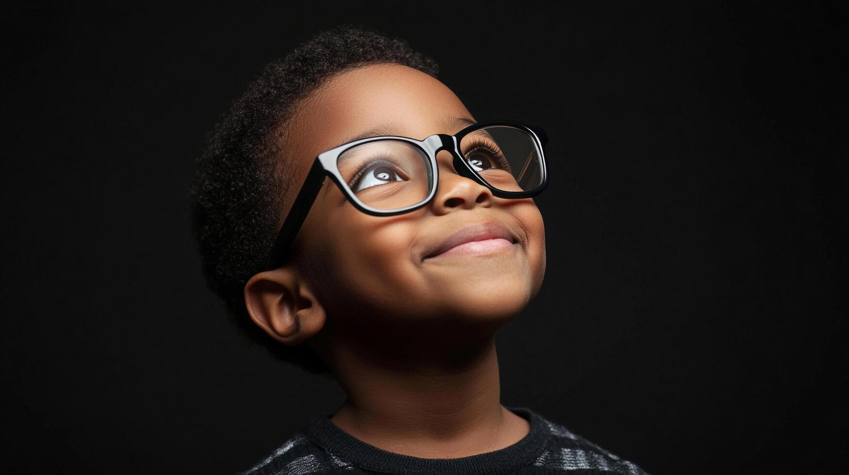 Boy in eyeglasses looking up with a hopeful expression. A symbol of vision, future aspirations, and youthful optimism. photo