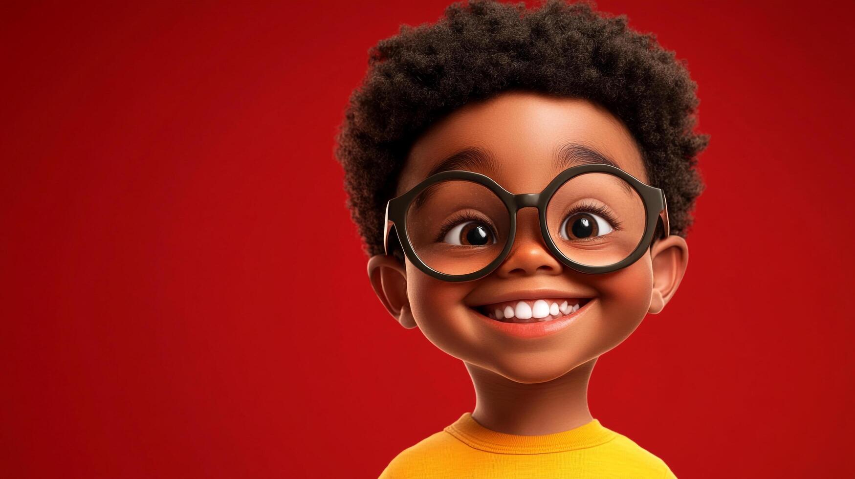 A joyful animated kid with curly hair and big glasses smiles brightly against a vibrant red backdrop, radiating happiness and charm. photo