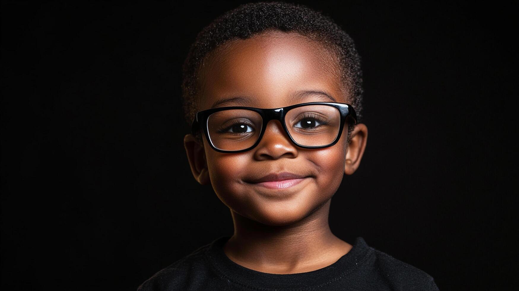 Portrait of a young boy with glasses smiling confidently in front of a dark background, looking directly at the camera. photo