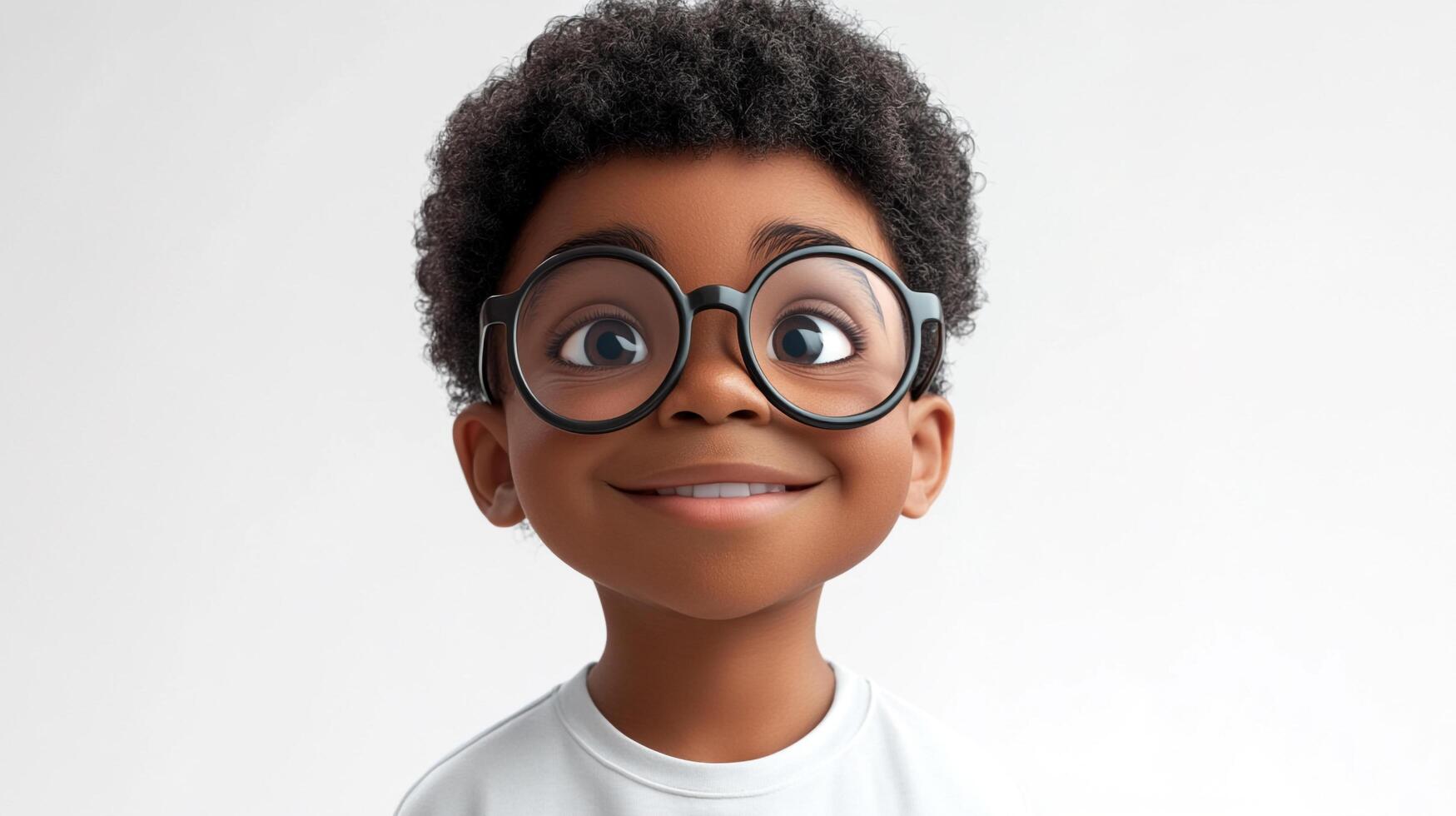 Cartoon-style boy with glasses smiles against a white backdrop, radiating intelligence and playfulness in a simple portrait. photo