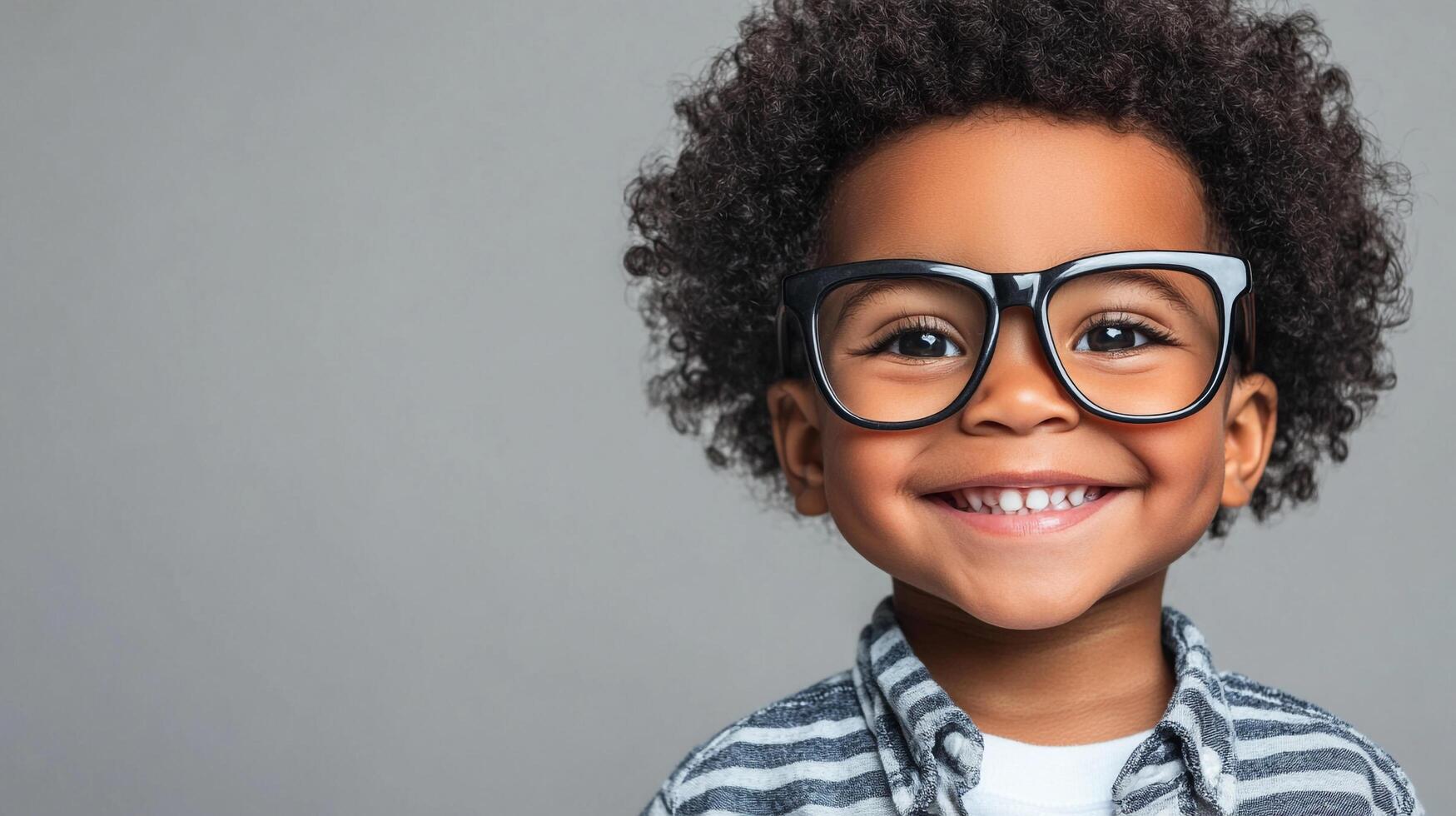 Smiling child with glasses posing in front of a solid grey backdrop, projecting happiness and innocence. Great for educational campaigns. photo