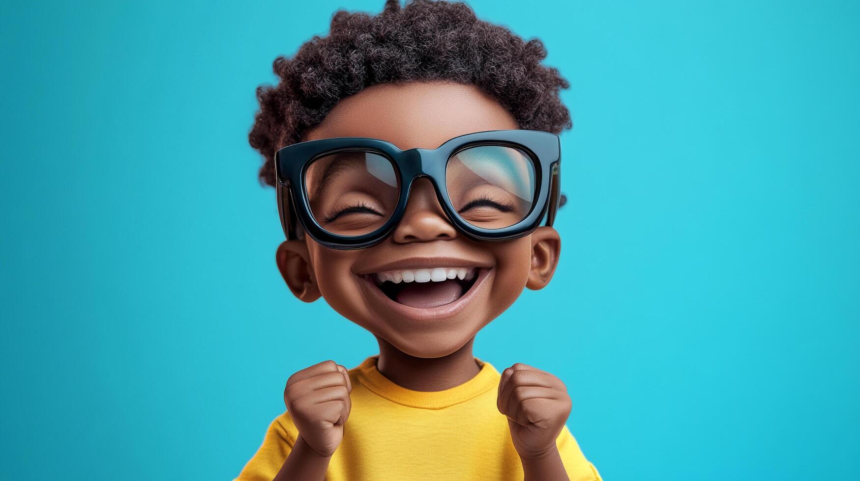 Joyful young boy with curly hair and glasses exudes pure happiness. The boy's infectious smile lights up the bright blue background. photo
