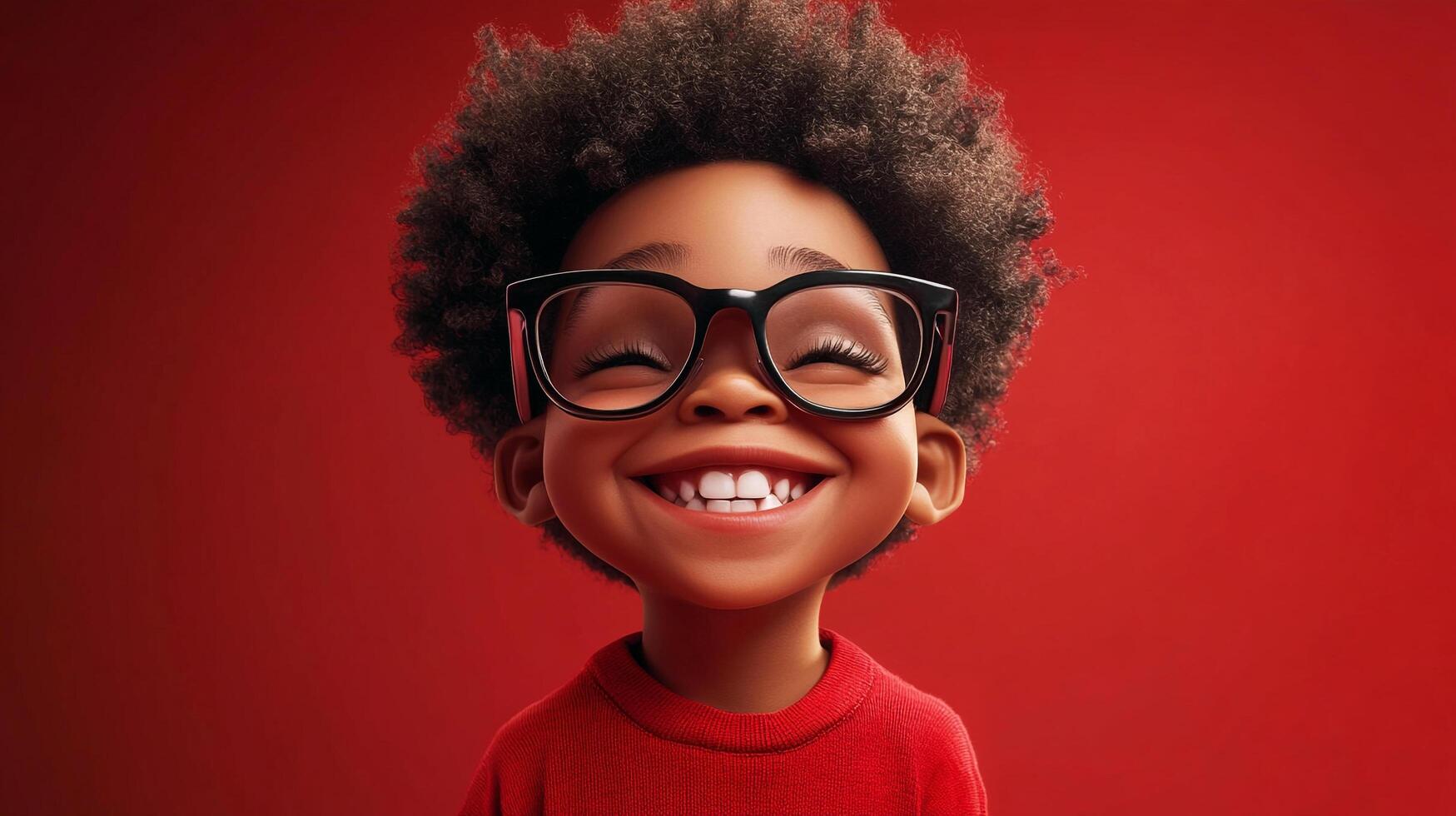 A happy, young boy with an afro and glasses smiles widely against a vibrant red background, radiating warmth and innocence. photo