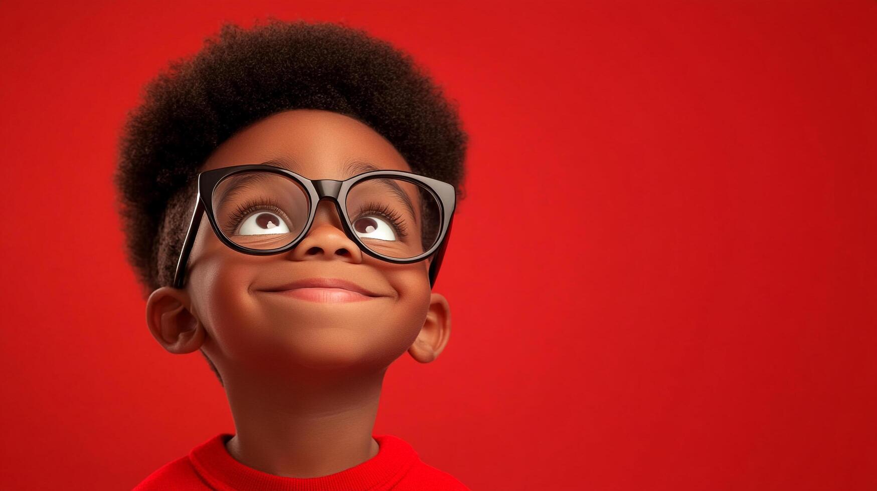 A young boy with glasses looks upwards with a smile, set against a bright red backdrop, exuding innocence and optimism. photo