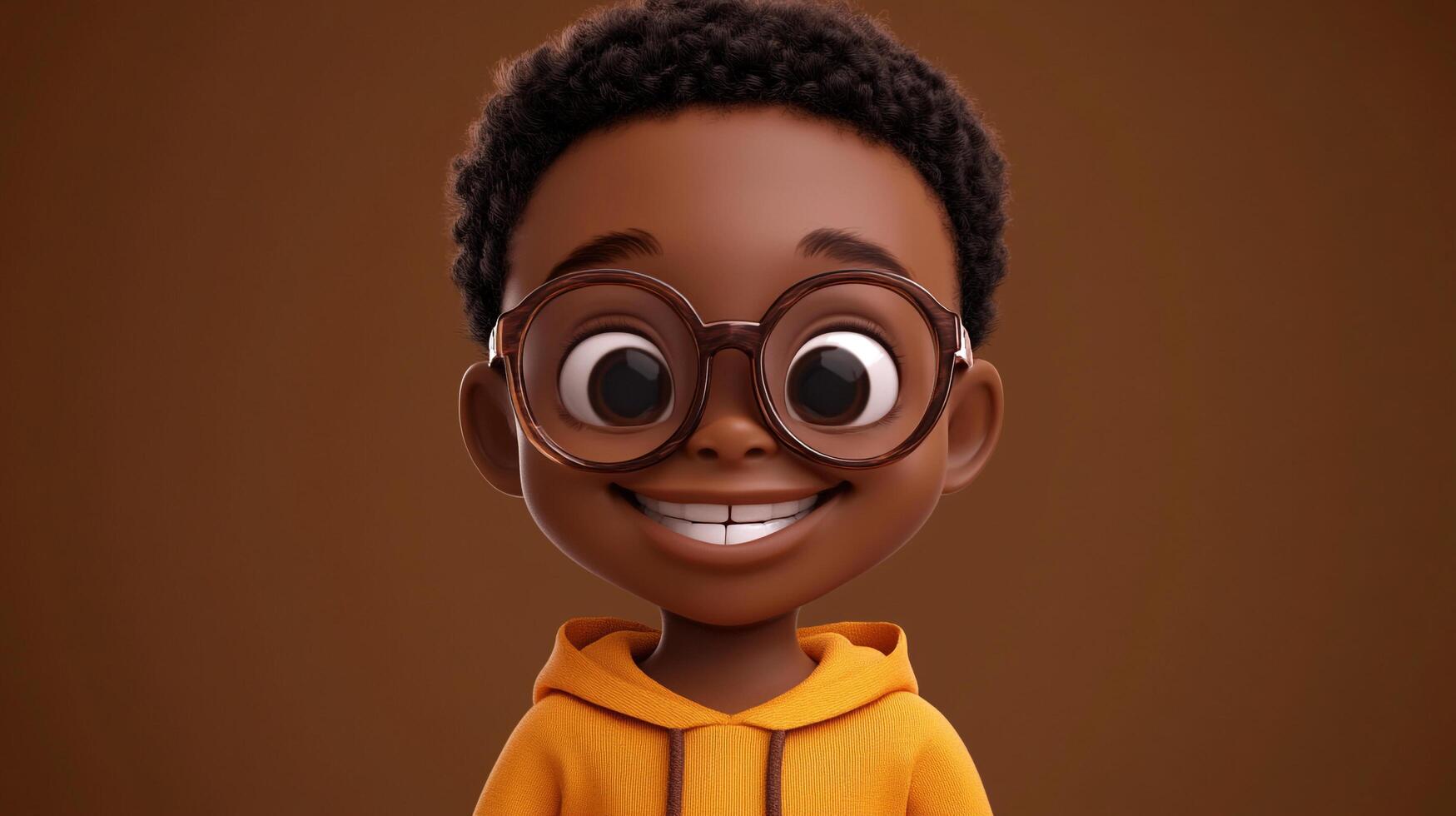 Animated young boy character with glasses and a big smile. He's wearing an orange hoodie on a plain brown background. Cheerful design. photo