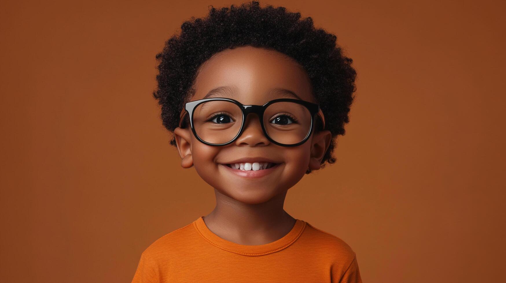 A cheerful child with an afro and glasses smiles brightly against a solid brown background, radiating joy and innocence. photo