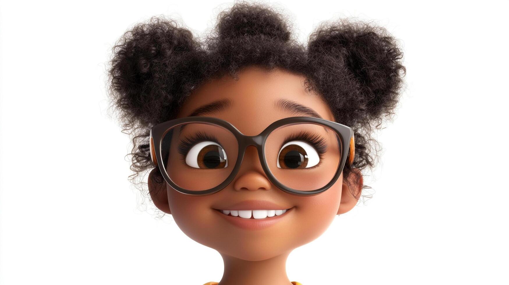Cute animated character with big eyes and glasses smiles at the viewer against a plain white backdrop. Whimsical character design. photo