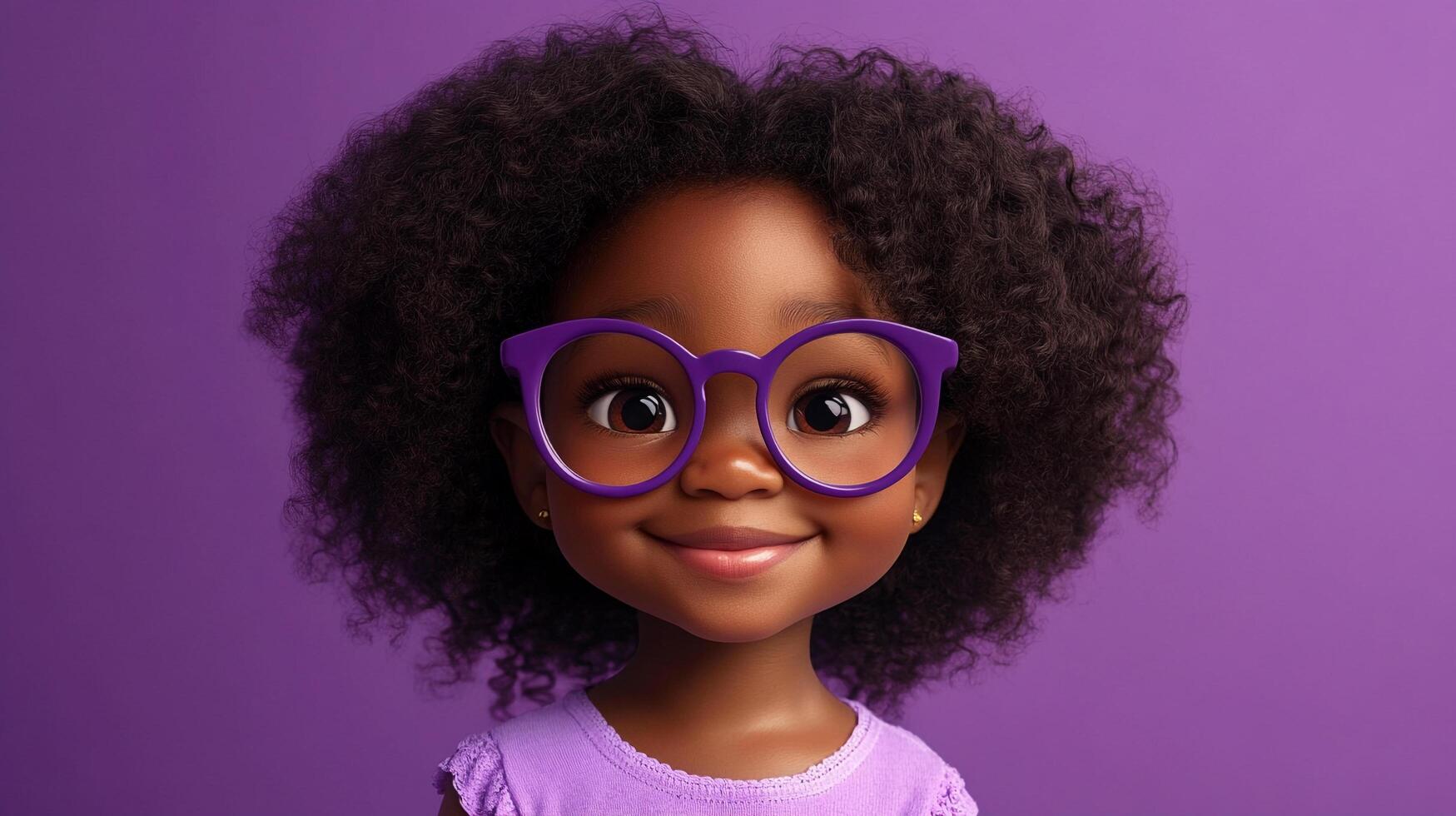 Charming young girl with curly hair, big eyes, and purple glasses against a vibrant purple background. Cute and endearing portrait. photo