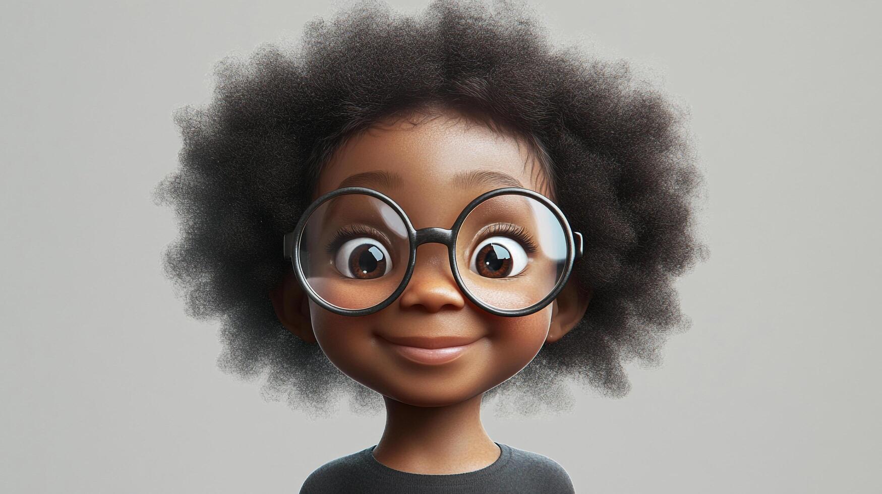 Youngster with big round glasses and an afro looking ahead with a slight smile on a plain background. Close-up shot of the face. photo