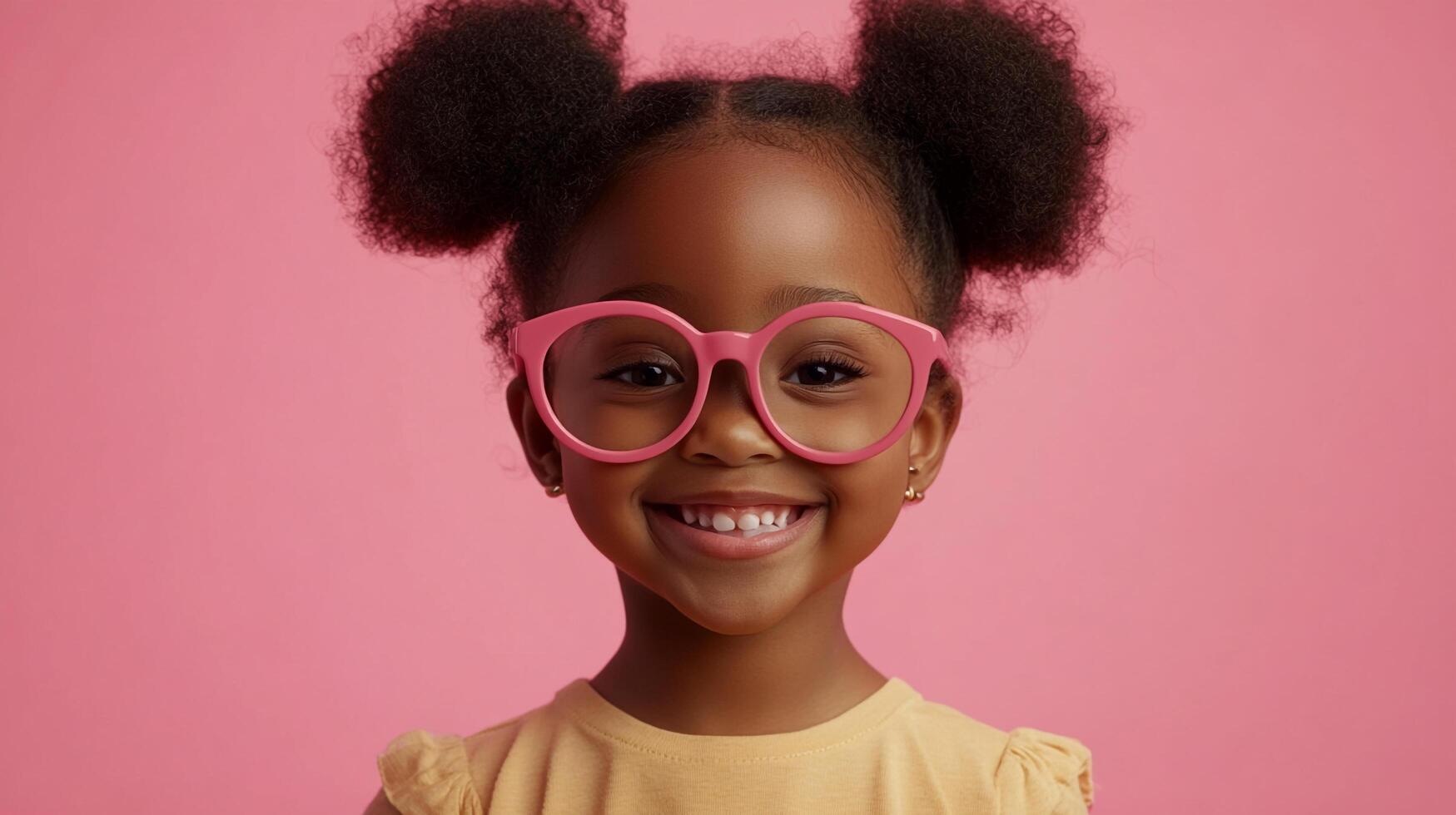 Smiling young girl with afro puffs wearing big pink glasses against a matching pink backdrop, radiating joy and positivity. photo