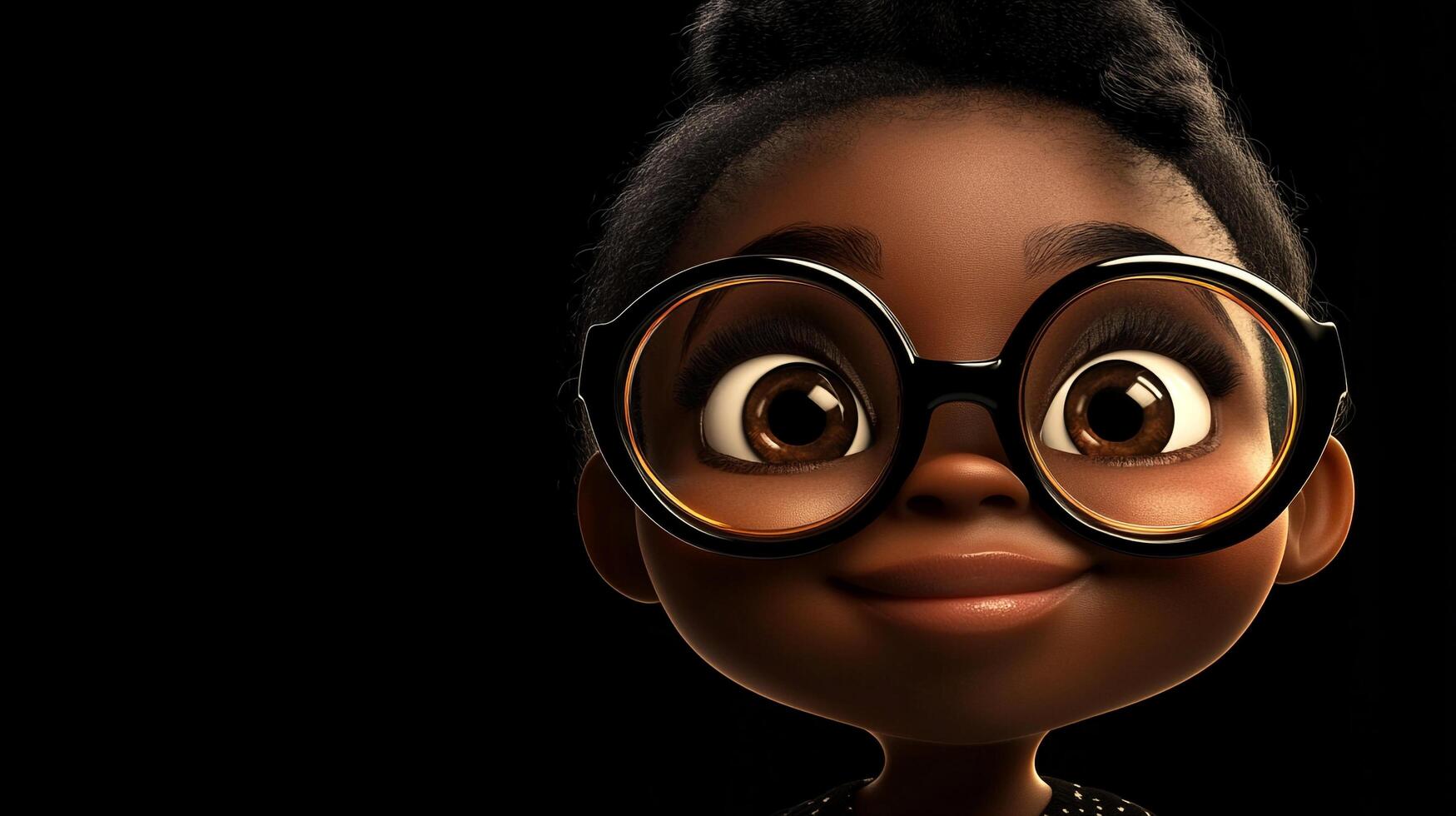 A charming 3D stylized girl with glasses against a black backdrop, radiating positivity and confidence with a warm smile. photo