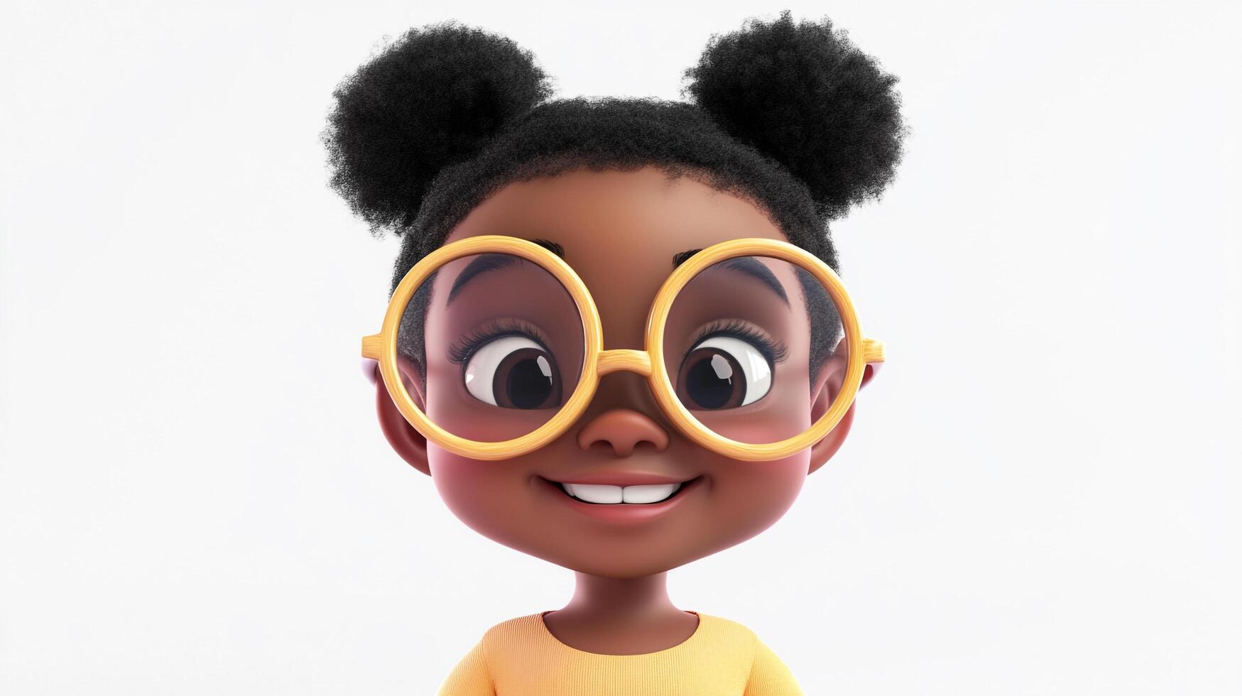 Cartoon character of a smiling girl with round glasses and afro puffs, set against a plain white backdrop. Cute and cheerful design. photo