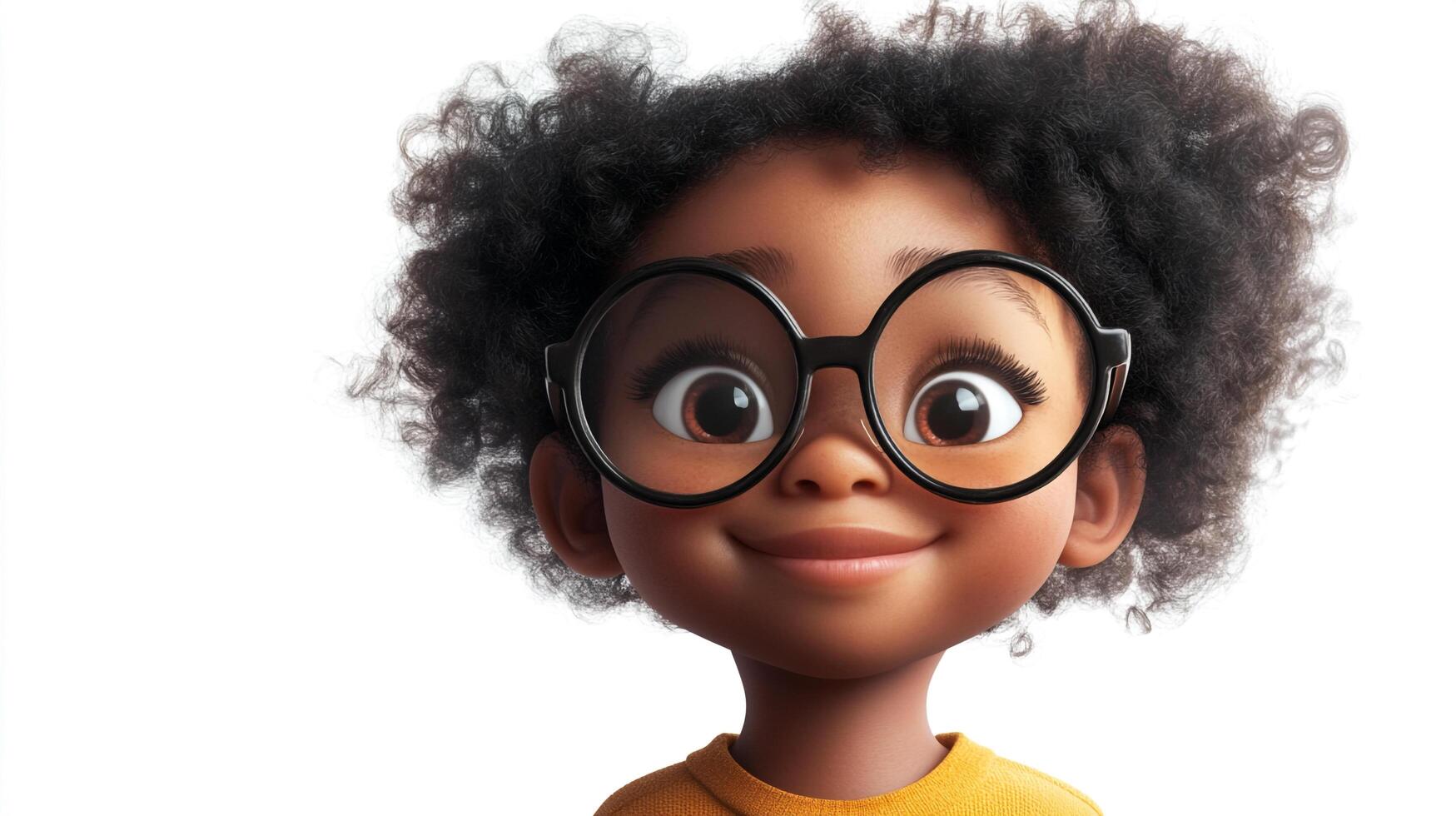 Adorable young girl with glasses smiling brightly against a clean white background, radiating charm and innocence. photo