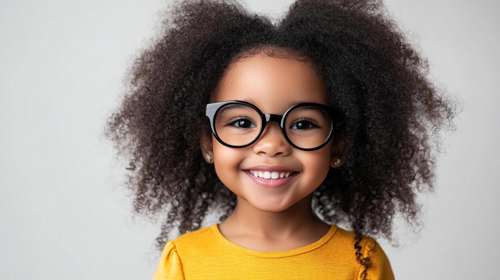 Smiling young girl with big hair and round glasses poses against a gray background, showcasing happiness, youth and the power of learning. photo