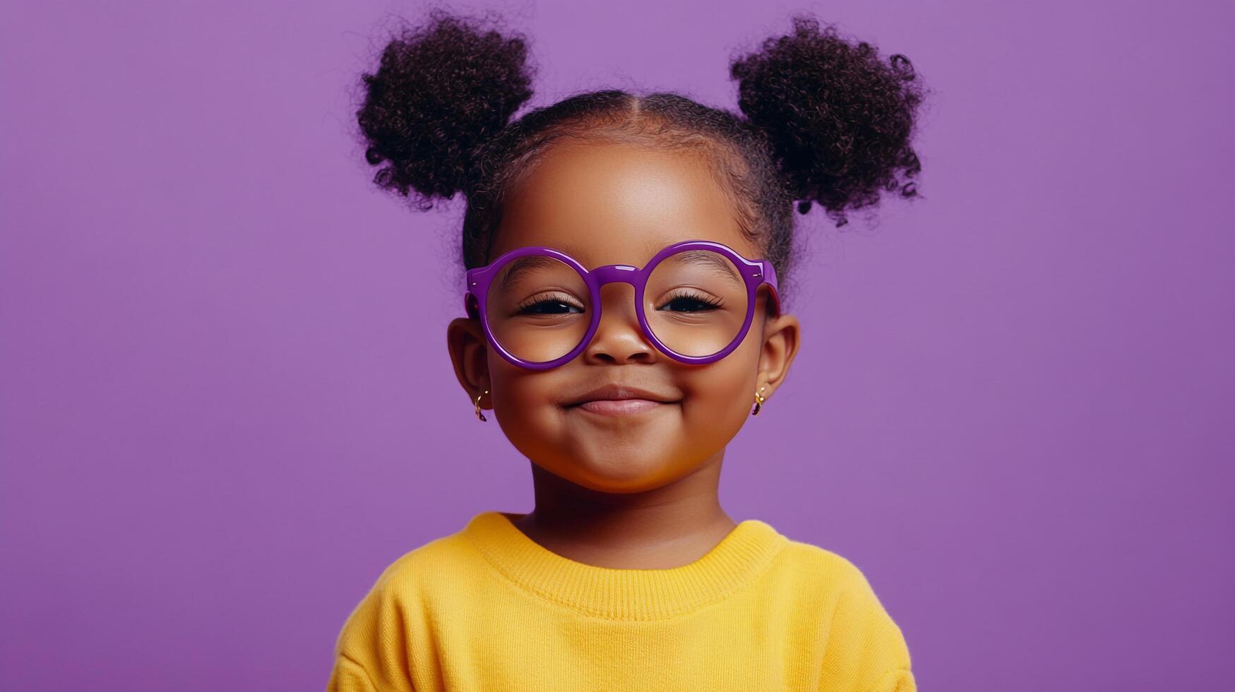 Adorable young girl with purple glasses and stylish hair poses against a vibrant purple backdrop, radiating charm and confidence. photo