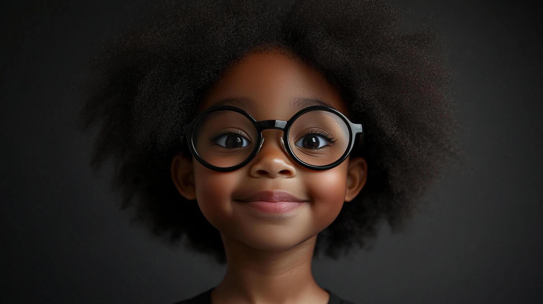 Portrait of a young girl with natural hair and round eyeglasses, smiling gently against a solid, dark gray backdrop. photo