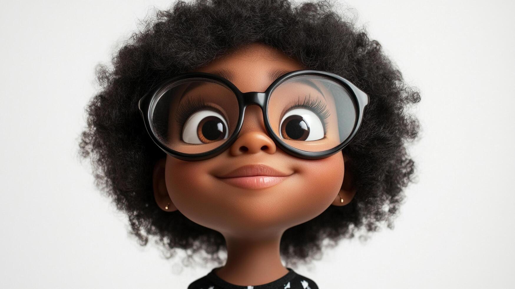A digitally rendered, young character smiles with round glasses, featuring detailed textures and soft lighting on a clean backdrop. photo