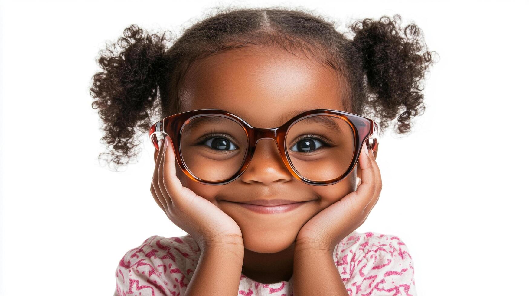 Charming young girl with pigtails and big glasses poses with her face resting in her hands while giving a big smile into the camera. photo