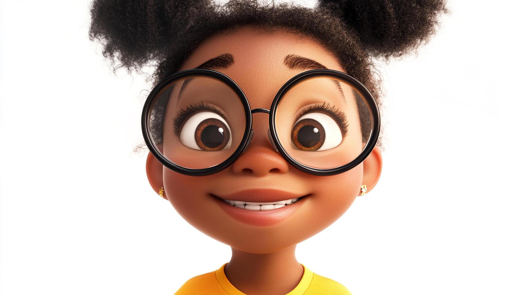 Animated girl with glasses and hair buns, smiling against a white background. She is wearing a yellow shirt and gold earrings. photo