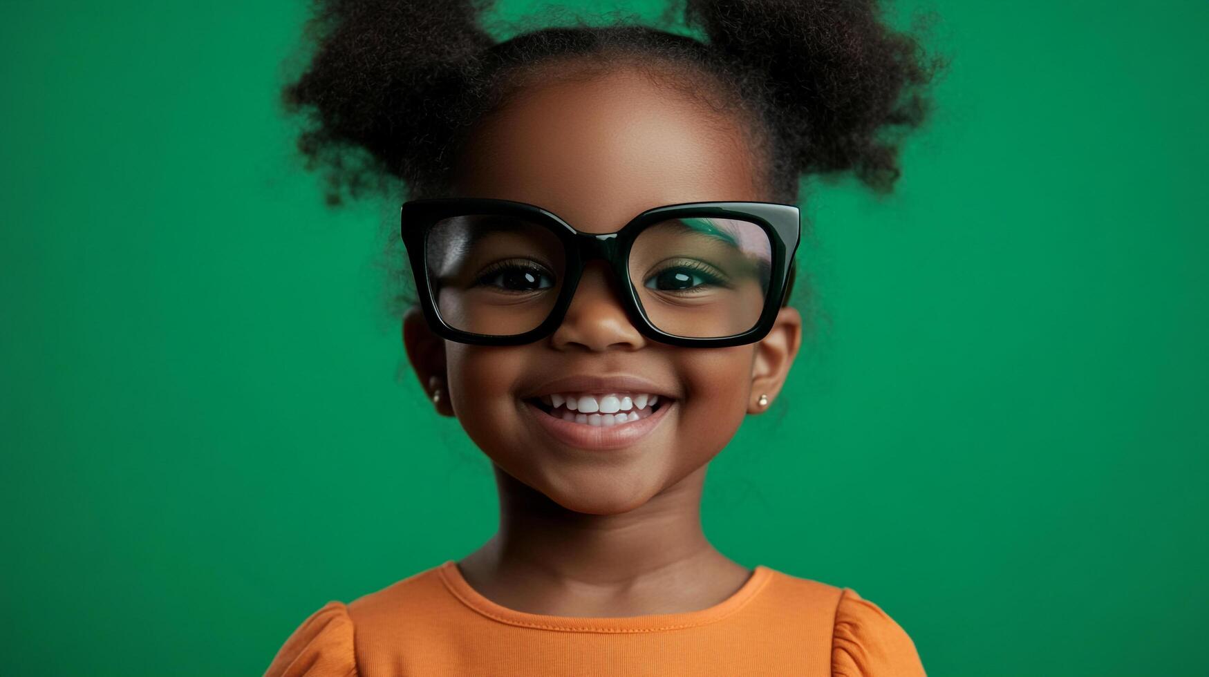 A young, bright-eyed girl with stylish hair in two buns and wearing glasses smiles confidently against a vibrant green backdrop. photo