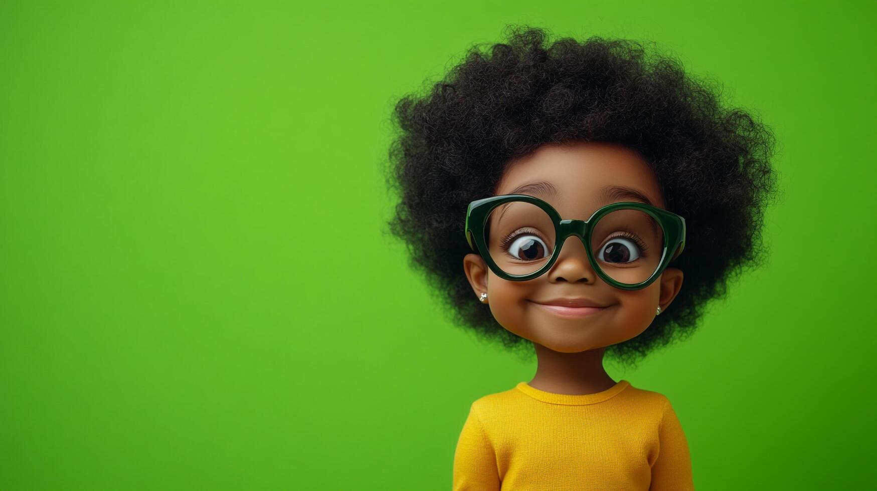 Young, nerdy-chic girl with a bright smile and big glasses on a green background. Ideal for children's book, educational material or posters. photo