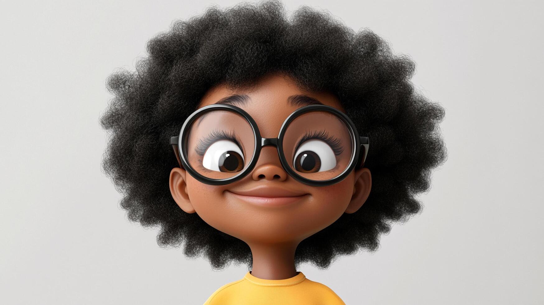 Cartoon portrait of a child with afro hair wearing round glasses, smiling against a plain background. Cheerful and heartwarming illustration. photo