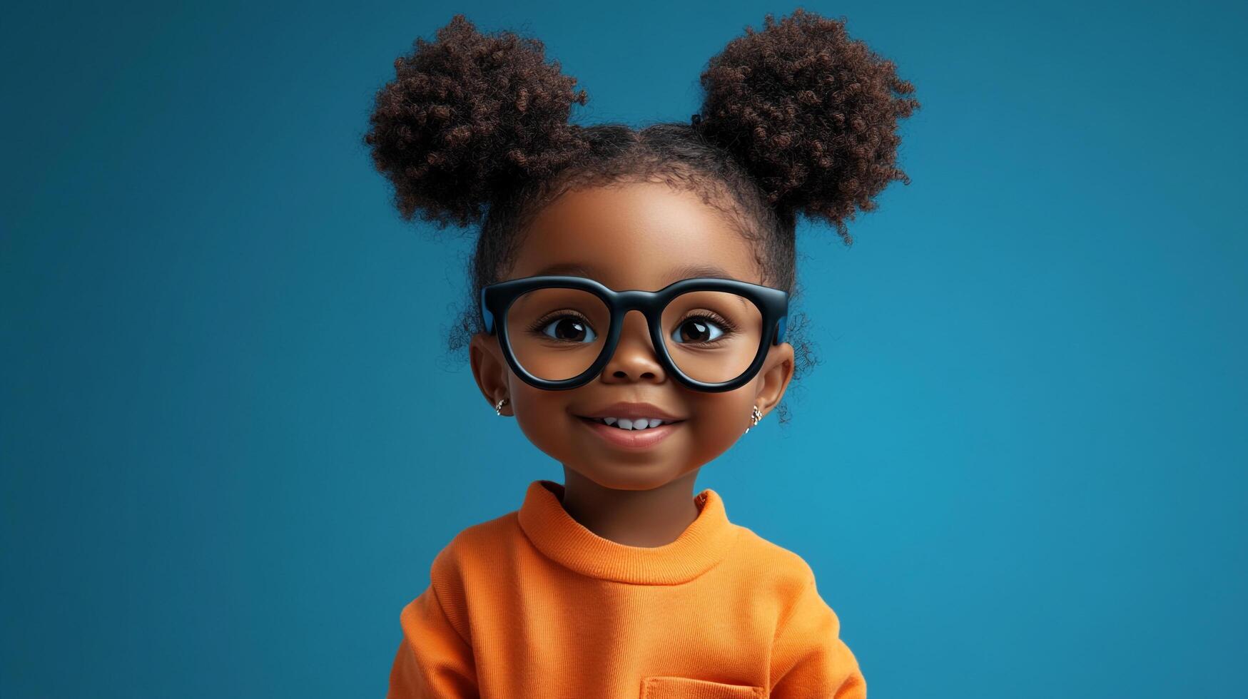 A charming young girl with an infectious smile, sporting glasses and her hair in adorable puffs, against a vibrant teal backdrop. photo