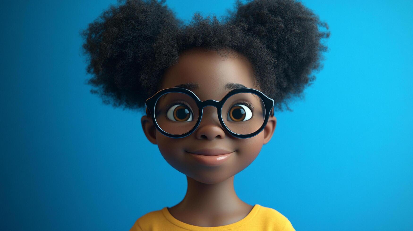 Cartoon-style girl with afro puffs and round glasses smiles against a bright blue background, showcasing her joyful expression. photo