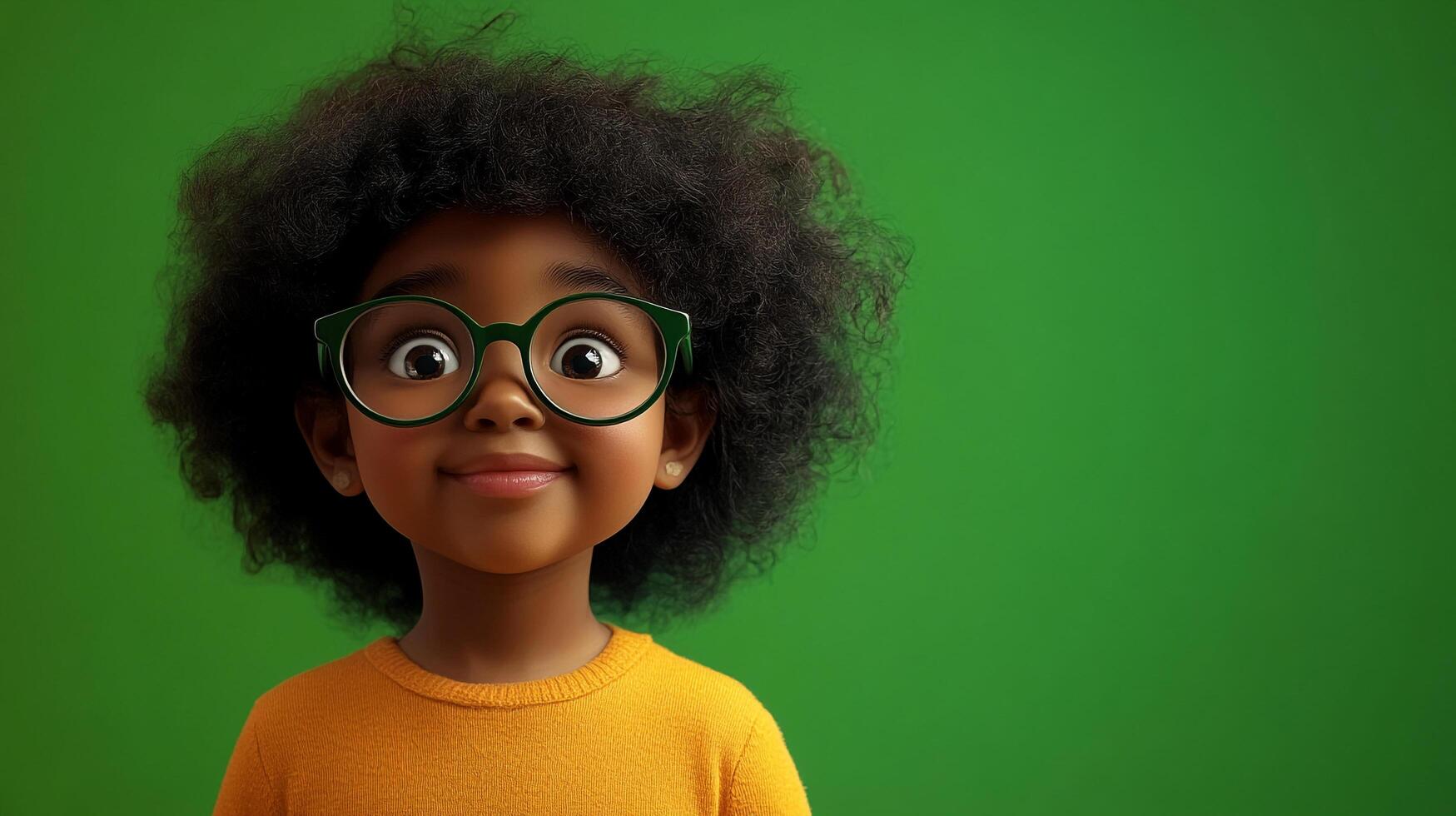 Adorable child smiles, wearing green glasses against a bright green background. Cheerful and full of personality in this eye-catching portrait. photo