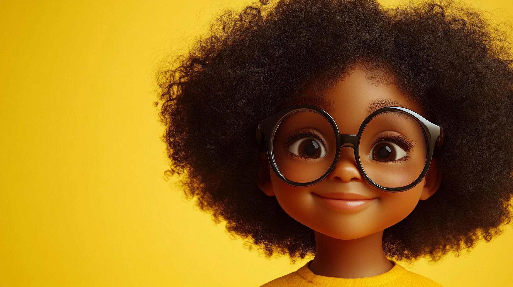 A cute cartoon child with dark skin, curly afro hair and round glasses smiles against a bright yellow background, radiating joy. photo