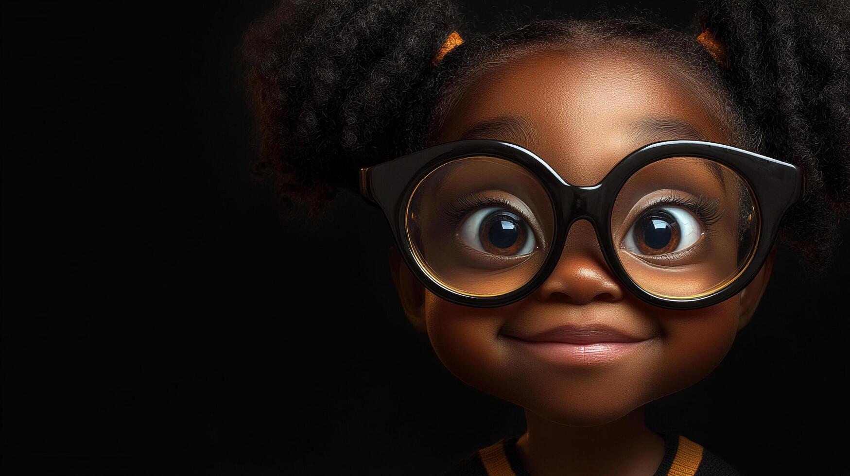 Smiling young girl wearing large glasses, cartoonish and endearing. Expressive eyes and curly pigtails stand out against black backdrop. photo