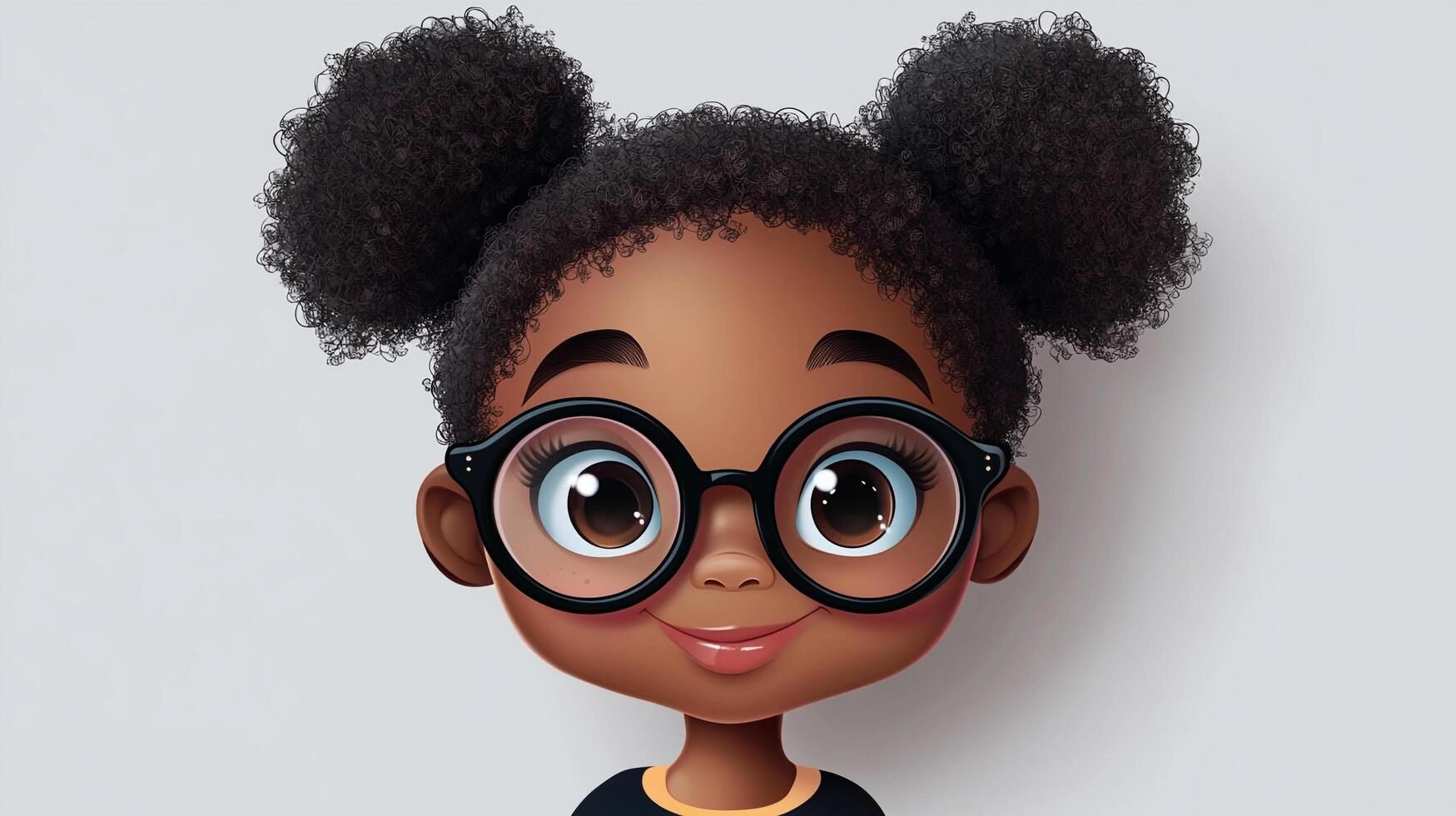 Cartoon girl with round glasses, afro puffs, and a sweet smile. Whimsical illustration of a child's joyful spirit and innocence. photo