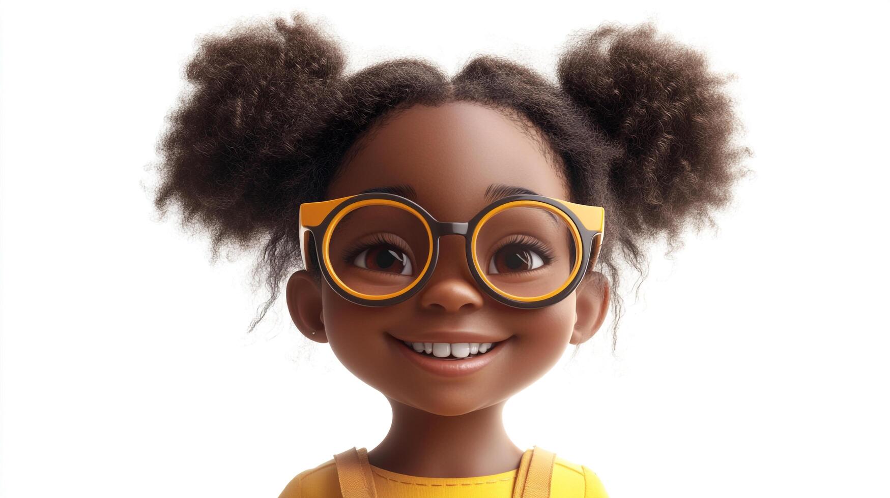 Adorable cartoon-style girl smiling with glasses on a white background, showcasing a bright and cheerful expression. photo