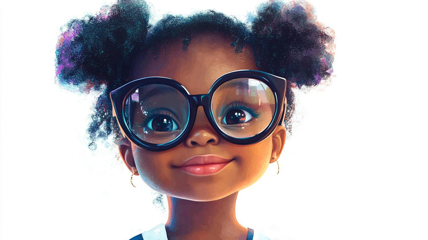 A captivating artistic rendering of a young girl's portrait, showcasing her large round glasses, afro hair, and warm, inviting smile. photo