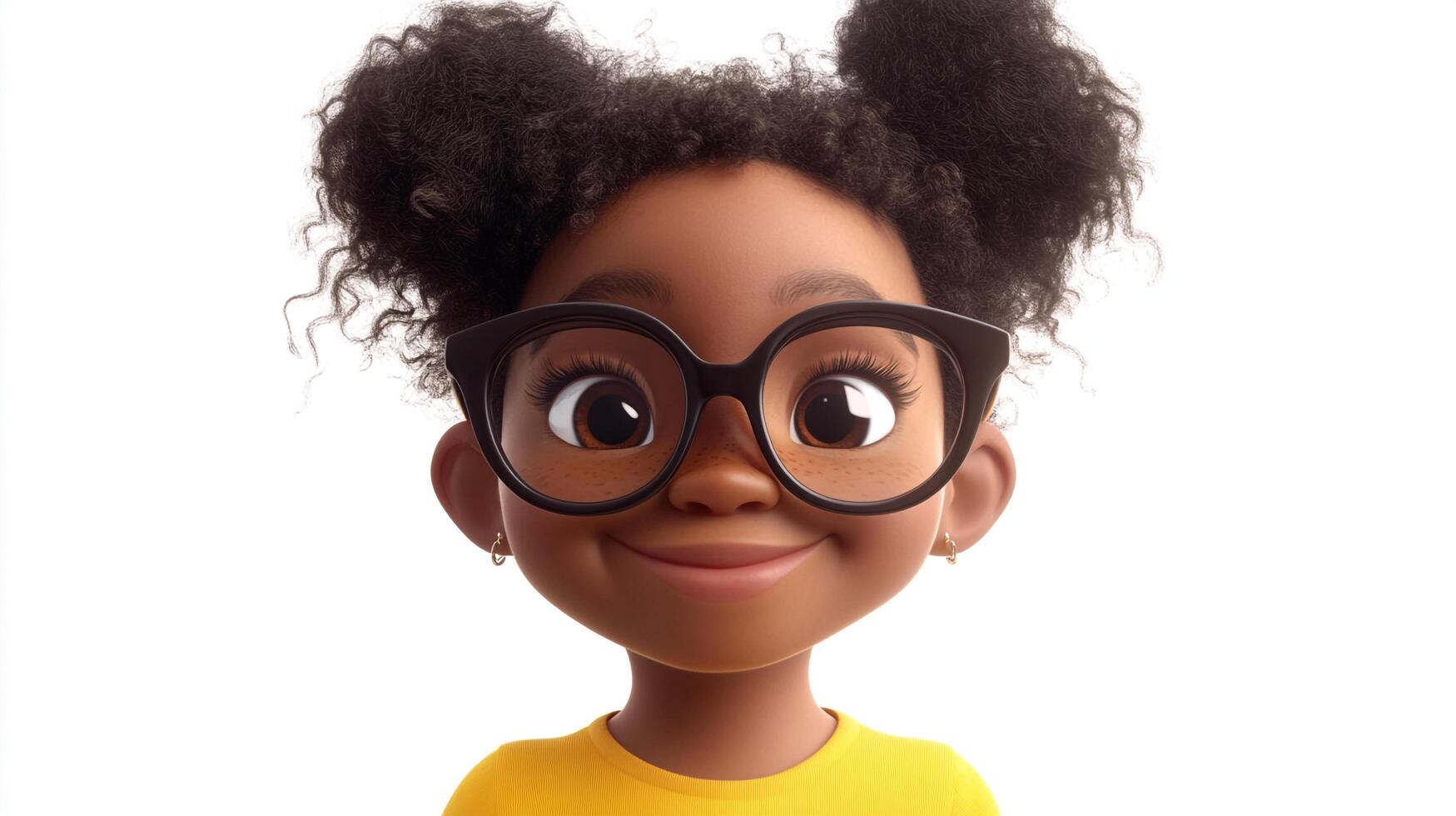 Portrait of a young, animated Black girl with curly hair wearing oversized glasses and a yellow shirt, set against a clean white background. photo