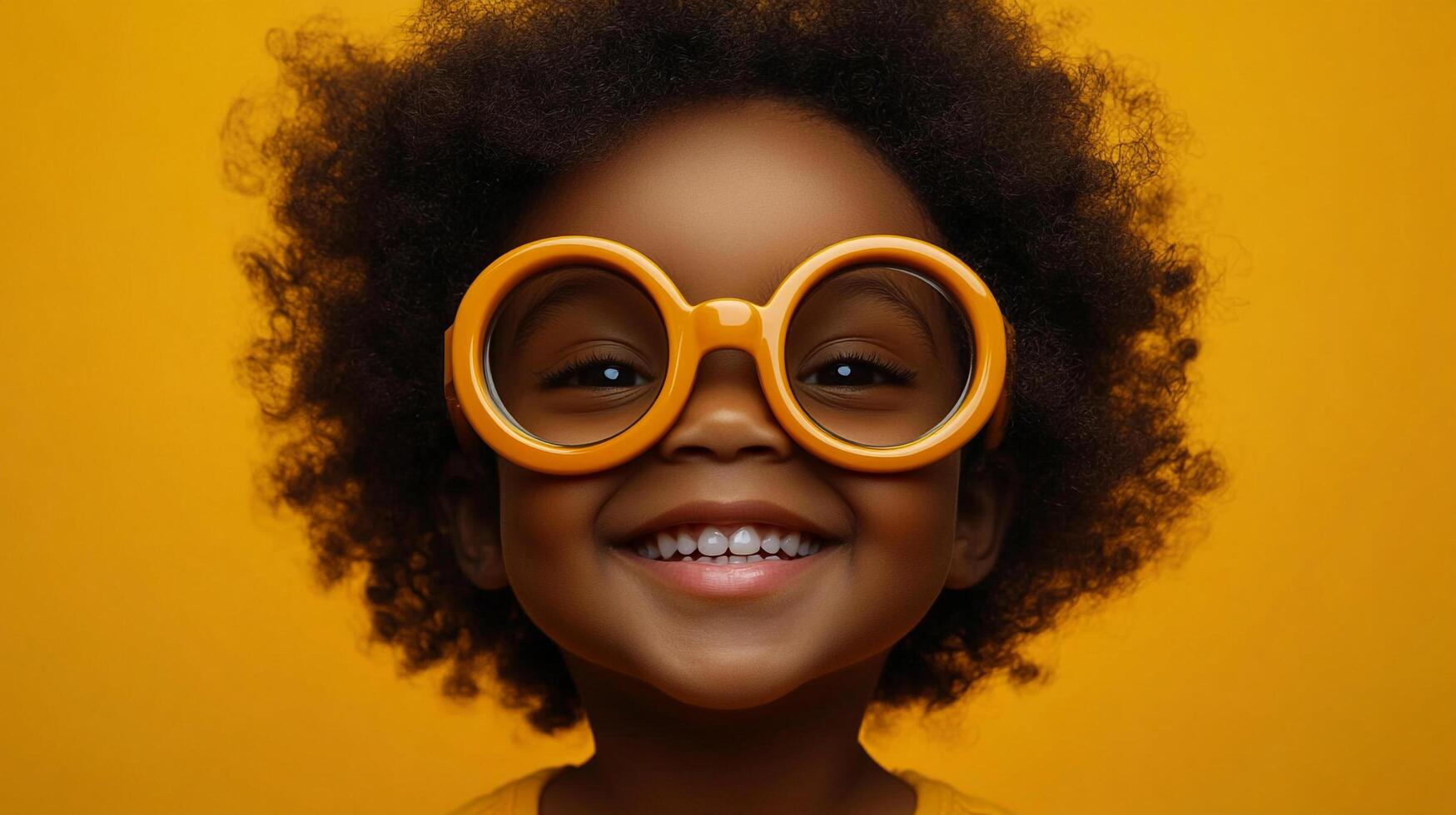Cute child with afro hair and big round glasses smiling against an orange backdrop, radiating joy and youthful exuberance. photo