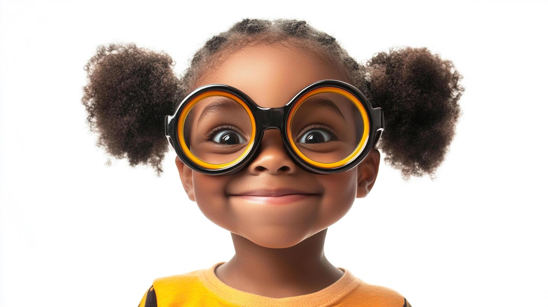 A charming young girl with round glasses gazes directly at the viewer with a cheerful expression against a clean, white backdrop. photo