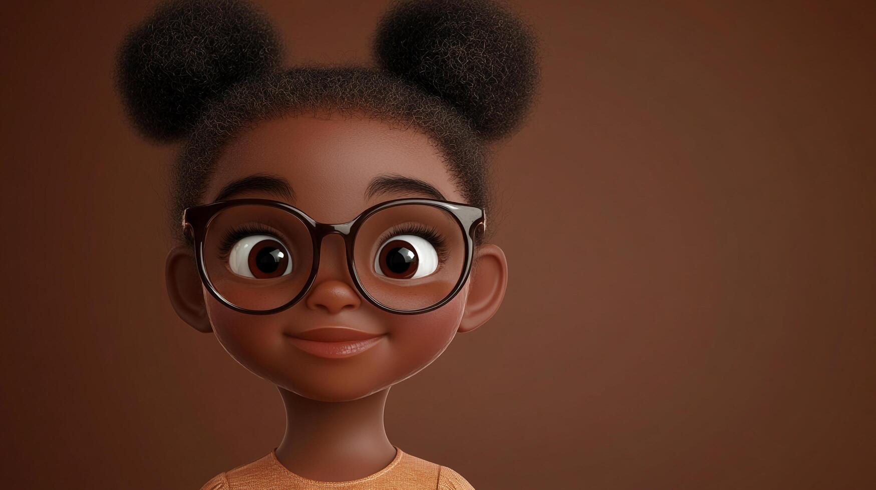 Charming cartoon girl with glasses and hair buns, rendered in a 3D style against a solid brown backdrop, radiating a playful and friendly vibe. photo