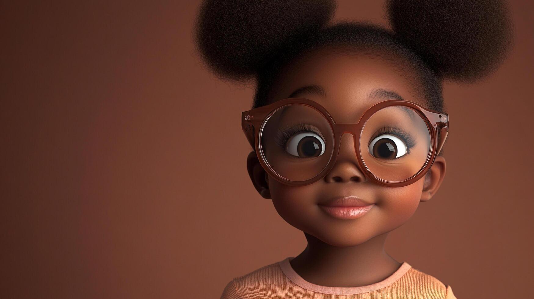 Adorable cartoon girl with round glasses and puffy hair, set against a brown background. She's smiling in a charming animated style. photo