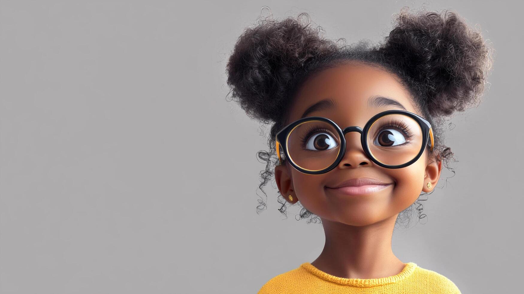 Cute young girl with dark hair, wearing glasses and a yellow shirt. Cheerful, smart and innocent. Childhood memories begin here. photo