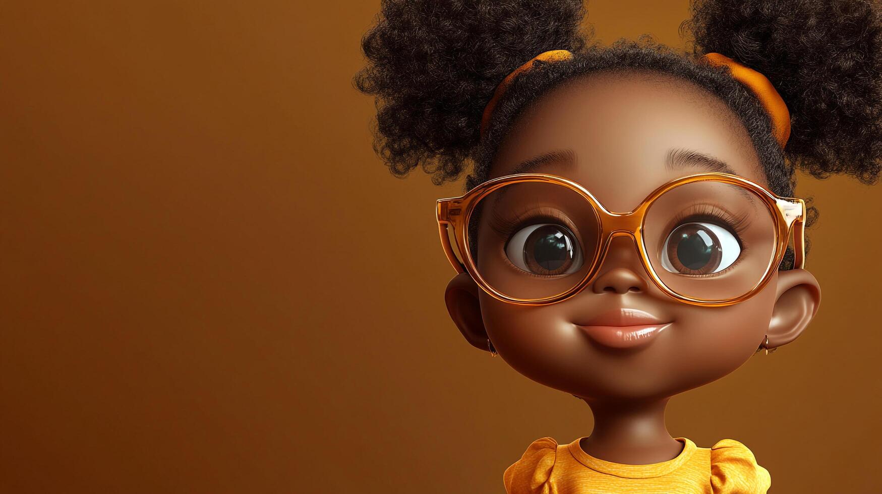 Animated girl with afro puffs and glasses is smiling gently. She has large eyes and a warm complexion. She's wearing a yellow shirt. photo