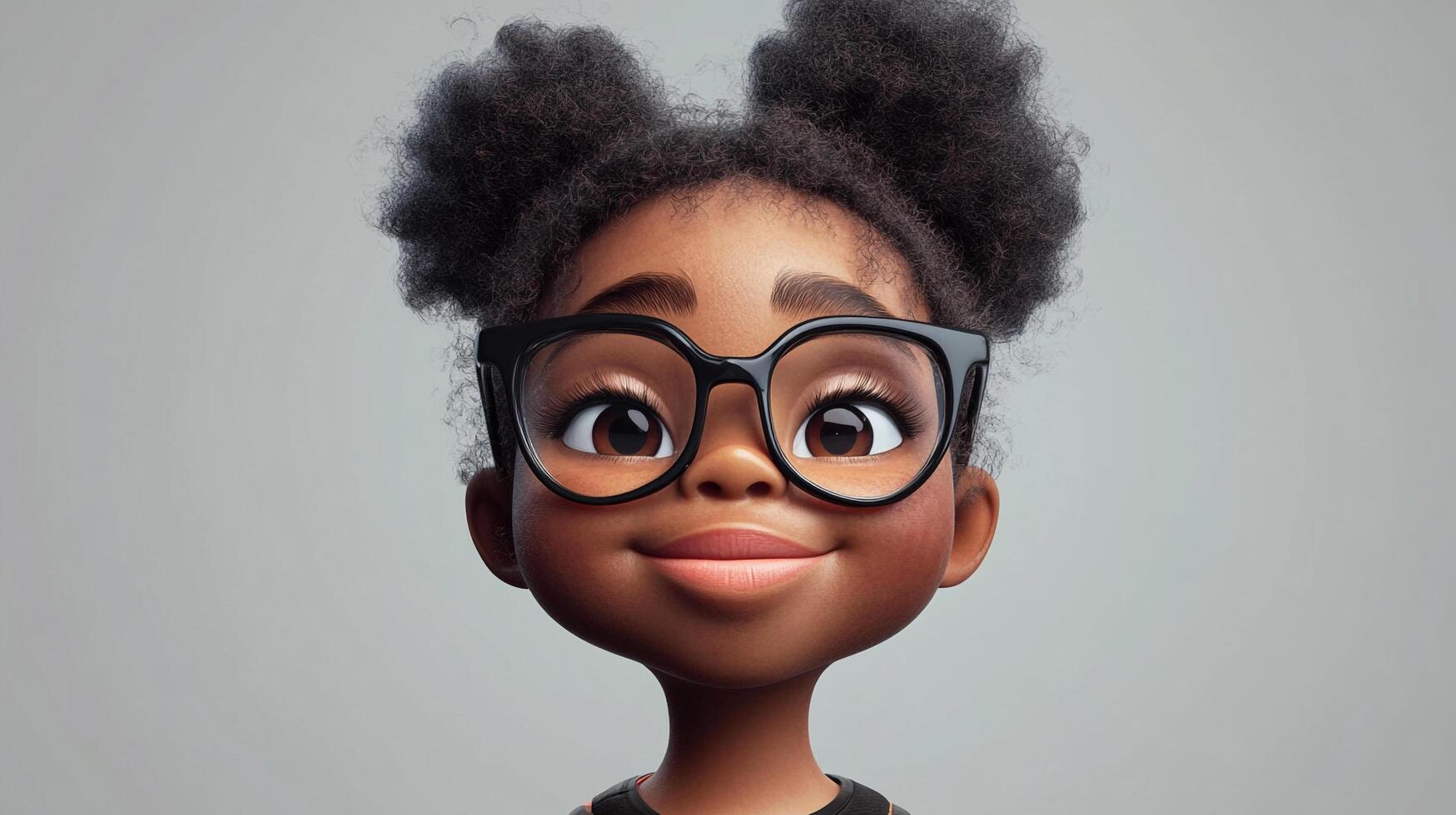 Animated young girl with curly hair and glasses. A cute cartoon character with a smart look against a solid grey background. photo