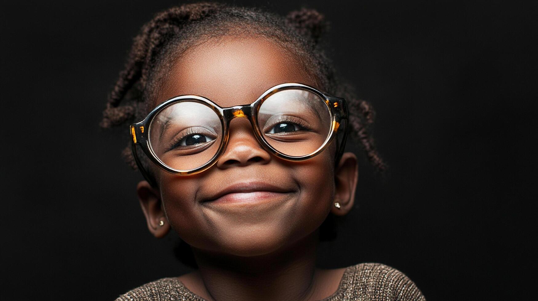 A young child smiles wearing circular glasses. This close-up captures a delightful moment of youthful joy and charm with a sleek background. photo